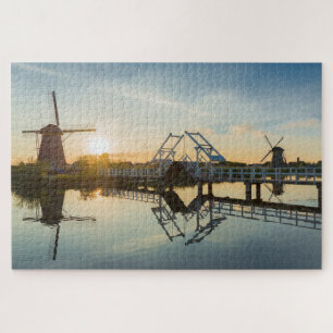 Drawbridge and windmills at sunset in Holland Jigsaw Puzzle