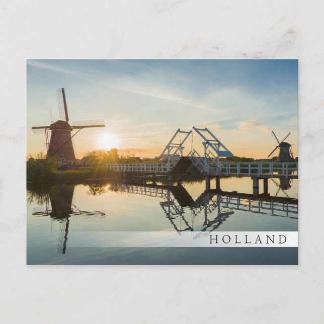Drawbridge and windmills at sunset in Holland Postcard (Front)