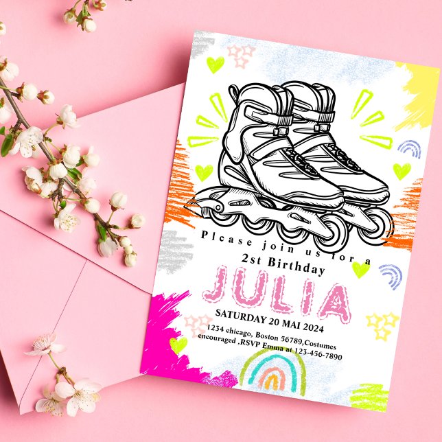 drawing chalk Roller Skating Birthday pink  Invitation (Creator Uploaded)