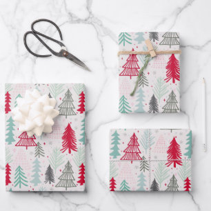 Drawing Christmas Trees Evergreen Pine Red Green Wrapping Paper Sheet