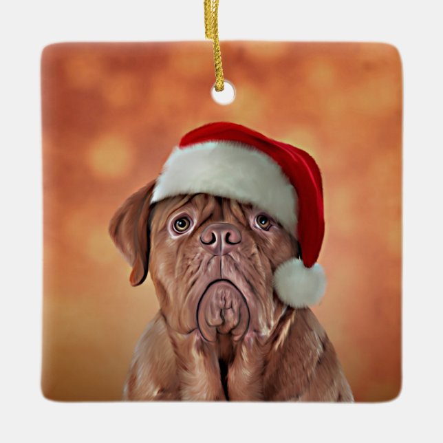 Drawing dog Dogue de Bordeaux in red hat of Santa Ceramic Ornament (Front)