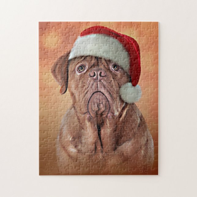Drawing dog Dogue de Bordeaux in red hat of Santa Jigsaw Puzzle (Vertical)