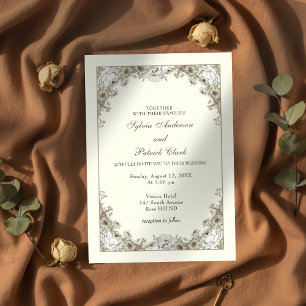 Drawing flowers ivory romantic wedding invitation