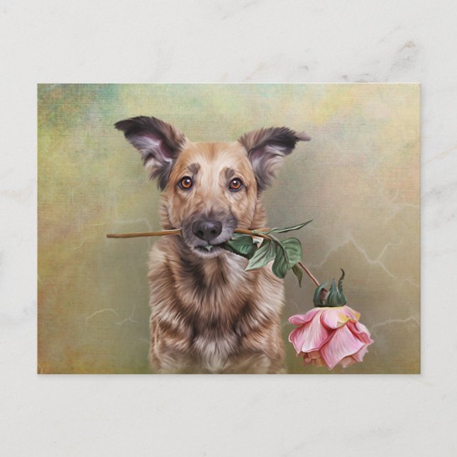 Drawing funny dog holding a flower in the mouth postcard (Front)