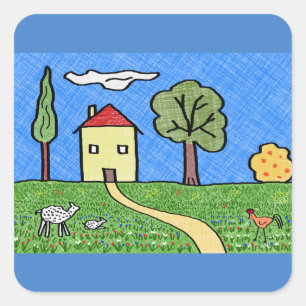 Drawing house in the country square sticker