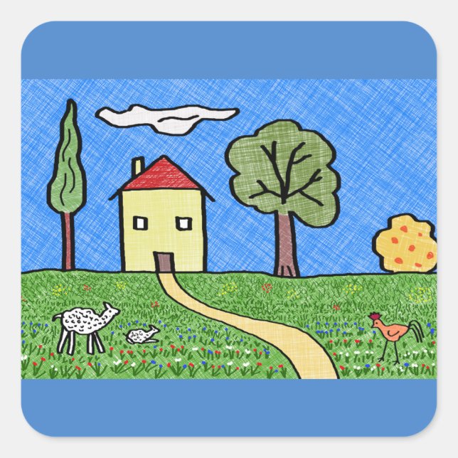 Drawing house in the country square sticker (Front)