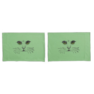 Drawing in Black of a Cat Face Bright Green Eyes Pillowcase