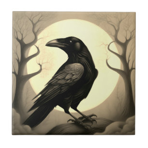 Drawing of a black raven ceramic tile
