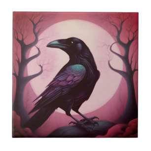 Drawing of a black raven on pink ceramic tile