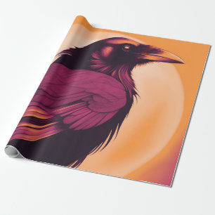 Drawing of a black raven on yellow orange wrapping paper