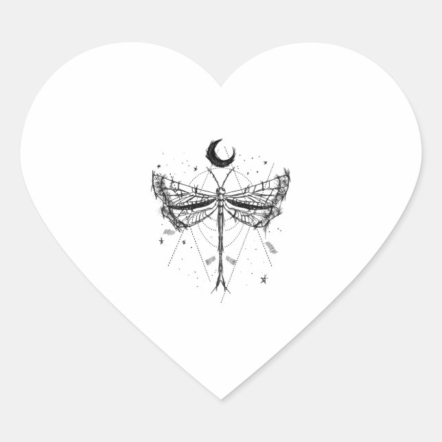 Drawing of a dragonfly in moonlight Boho style Heart Sticker (Front)
