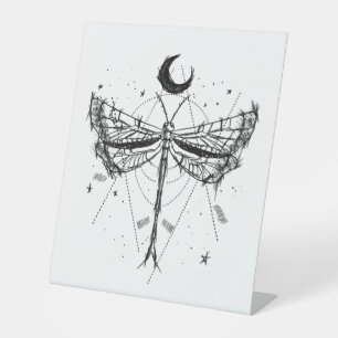 Drawing of a dragonfly in moonlight Boho style Pedestal Sign