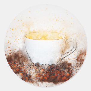 Drawing of a Hot Cup of Coffee Among Coffee Beans Classic Round Sticker