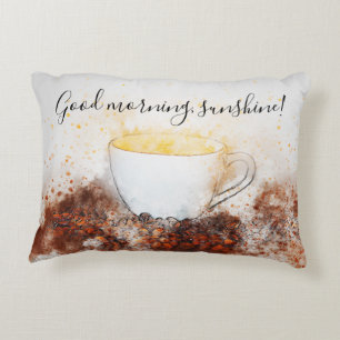 Drawing of a Hot Cup of Coffee Among Coffee Beans Decorative Cushion