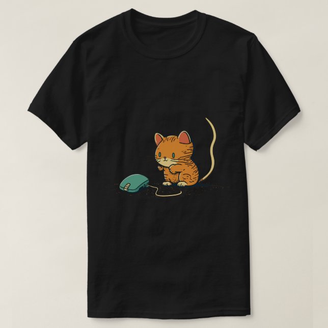 Drawing Of A Kitten Hunting A Computer Mouse T-Shirt (Design Front)