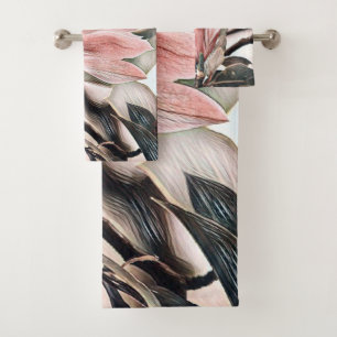 Drawing of a pink magnolia flower branch bath towe towel set