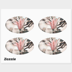 Drawing of a pink magnolia flower branch oval stic sticker