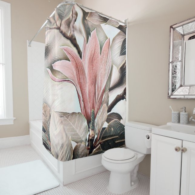 Drawing of a pink magnolia flower branch shower cu curtain (In Situ)
