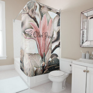 Drawing of a pink magnolia flower branch shower cu curtain