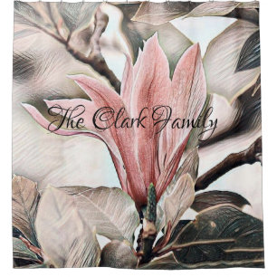 Drawing of a pink magnolia flower branch shower curtain