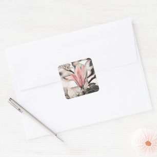 Drawing of a pink magnolia flower branch square st sticker