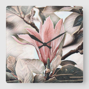 Drawing of a pink magnolia flower branch square wall clock