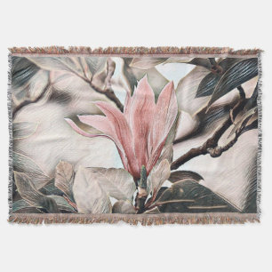 Drawing of a pink magnolia flower branch throw bla blanket