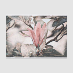 Drawing of a pink magnolia flower branch tissue paper