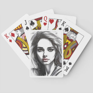Drawing of a portrait of a woman playing cards