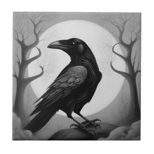 Drawing of a raven on black and white background ceramic tile