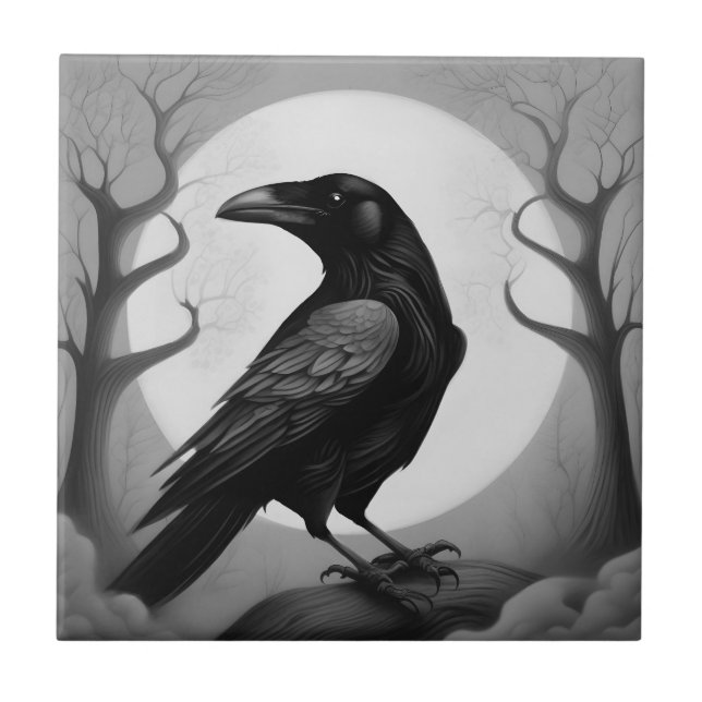Drawing of a raven on black and white background ceramic tile (Front)