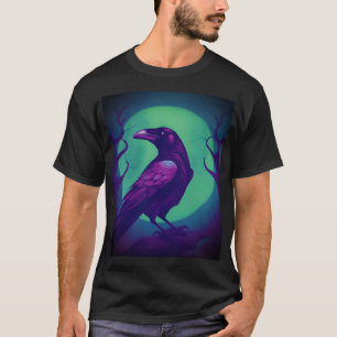 Drawing of a raven on bright green blue background T-Shirt