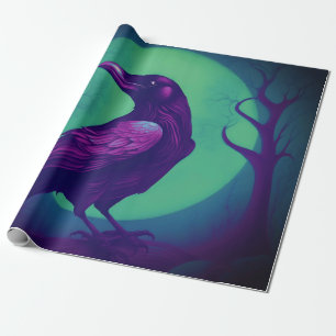 Drawing of a raven on bright green blue background wrapping paper