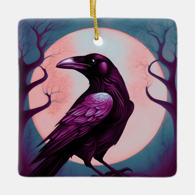 Drawing of a raven on grey blue background ceramic ornament (Front)