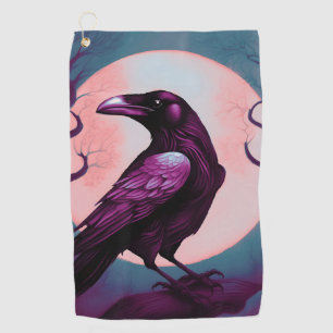 Drawing of a raven on grey blue background golf towel