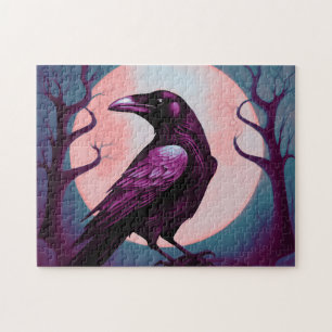 Drawing of a raven on grey blue background jigsaw puzzle