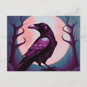 Drawing of a raven on grey blue background postcard