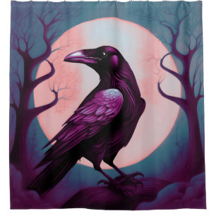 Drawing of a raven on grey blue background shower curtain