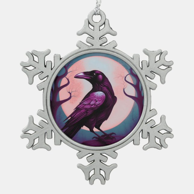 Drawing of a raven on grey blue background snowflake pewter christmas ornament (Front)