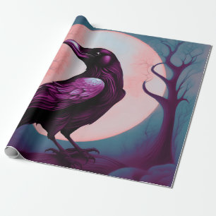 Drawing of a raven on grey blue background wrapping paper
