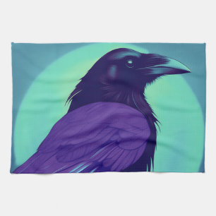 Drawing of a raven on neon blue background tea towel