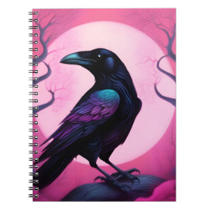 Drawing of a raven on neon pink background notebook