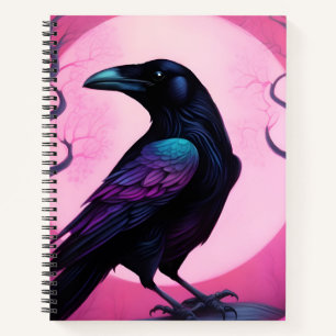 Drawing of a raven on neon pink background notebook