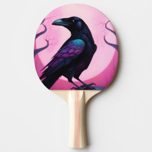 Drawing of a raven on neon pink background ping pong paddle