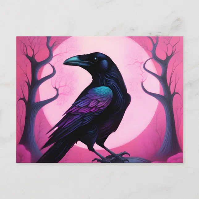 Drawing of a raven on neon pink background postcard | Zazzle