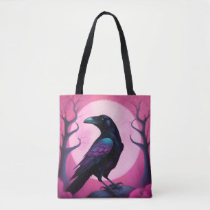 Drawing of a raven on neon pink background tote bag