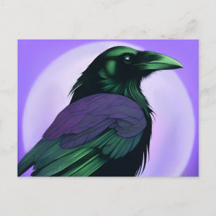Drawing of a raven on neon purple background postcard