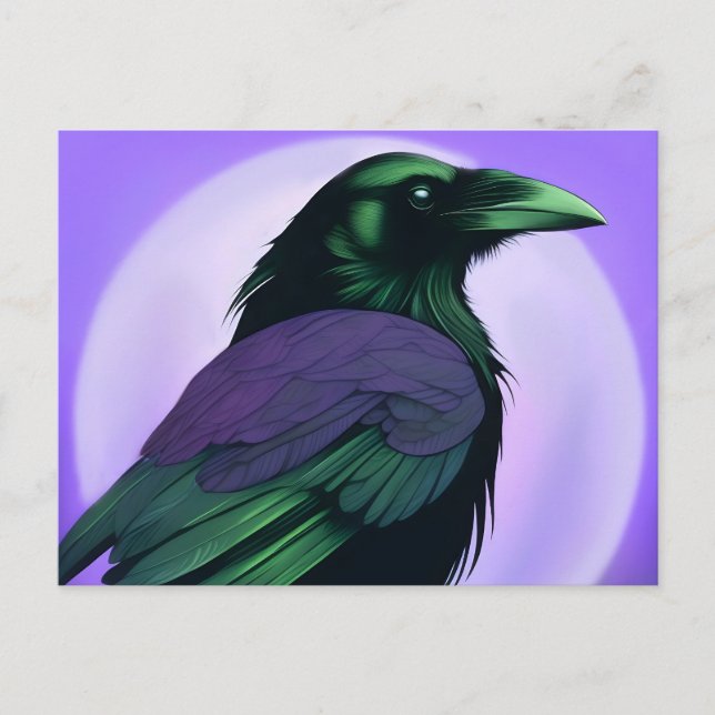 Drawing of a raven on neon purple background  postcard (Front)