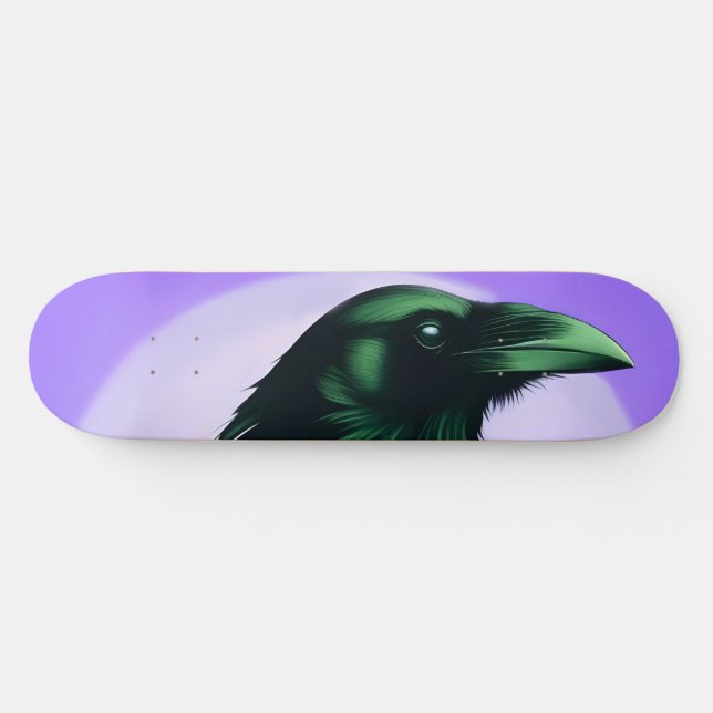 Drawing of a raven on neon purple background  skateboard (Horz)