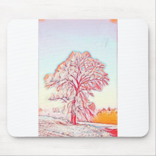 Drawing of a Snowed Tree in a Winter Scenery Mouse Pad